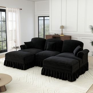 Flieks 3-Sitzer Ecksofa, Modular U-Sofa mit 3 Kissen & 2 Ottoman, abnehmbarer Volant, Flared-Armlehnen & Holzbeinen, Chenille, Schwarz