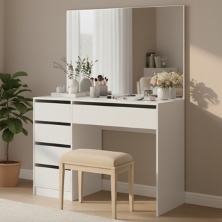 Bellamio 'Nore' Schminktisch mit Spiegel, mit 5 Schubladen, beidseitig montierbar, weiß, 75x53x110 cm