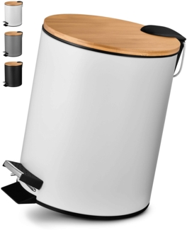 VMbathrooms 5L Kosmetikeimer in edlem weißem Design | Tretmülleimer mit Absenkautomatik (Soft Close) | Eleganter Eimer fürs Bad mit Innenbehälter und Bambus-Holzdeckel