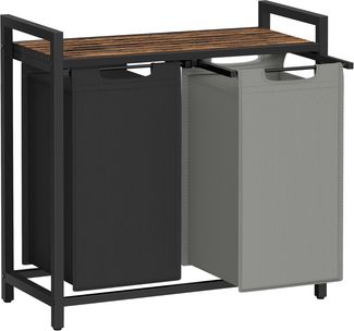 VASAGLE Wäschekorb 2 Fächer, Wäschesammler mit Ablage, Wäschebox, Wäschesack aus Oxford-Gewebe abnehmbar, Metallrahmen, 2 x 46 L, 73 x 33 x 72 cm, tintenschwarz-taubengrau-vintagebraun