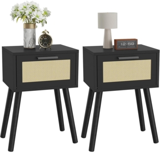 YMYNY Rattan Nachttisch 2er Set Beistelltisch Boho Massivholz 35x27x53 cm