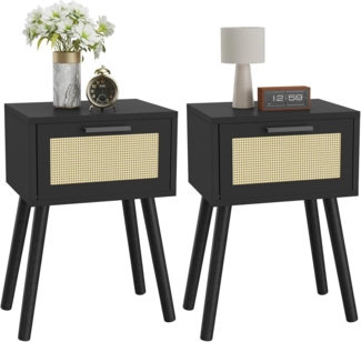 YMYNY Rattan Nachttisch 2er Set Beistelltisch Boho Massivholz 35x27x53 cm