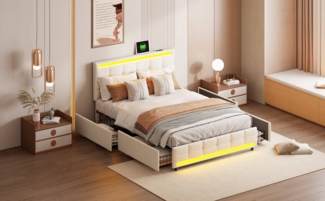 Gdood Polsterbett Stauraumbett Doppelbett Mit LED & Anschluss (Vier extra große Schubladen), Multifunktionsbett, inkl. LED-Beleuchtung, Leinen, 140x200 cm