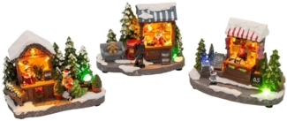 Spetebo Weihnachtsstadt LED Weihnachtsstadt bunt beleuchtet - 3er Set, Weihnachtsdorf Szene Verkaufsstand