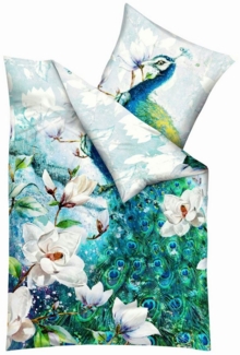 Kaeppel Wendebettwäsche 135x200cm Pfau Blau Grün Kaeppel, Mako-Satin, 2 teilig, hochwertiger Digitaldruck mit beeindruckendem Pfauenmotiv, Baumwolle