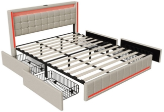Furnishings Home Polsterbett LED Doppelbett 140x200cm, Stauraumbett mit Kopfteil und 4 Schubladen (Leinenmaterial Polsterbett mit RGB Beleuchtung), mit Lattenrost und Ladefunktion, mit Komforthöhe, Leises Design Bett