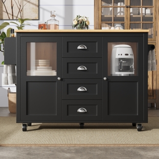 Multifunktionale Kücheninsel Schwarz 137,9×73×92,5 cm, mit Klapptisch, 4 Schubladen, Glastüren sowie Handtuch- & Gewürzregalen