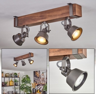 hofstein Deckenleuchte Deckenlampe verstellbar aus Metall/Holz in Grau/Dunkelbraun, ohne Leuchtmittel, Deckenleuchte im Industrial/Retro/Vintage-Design m. Holzbalken, 3xGU10