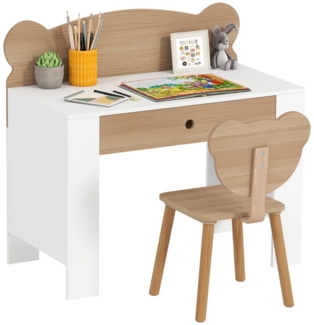 AIYAPLAY Kindertisch mit Tischplatte & Schublade, Bärenform (Kinderschreibtisch Set, 2-St, Kinder Schreibtisch und Stuhl), Jugendschreibtisch für Jungs & Mädchen Naturholz