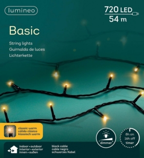 Lumineo LED-Lichterkette Lumineo Lichterkette BASIC 720 LED 54m klassisch warm, schwarzes Kabel, Indoor/Outdoor, dimmbar, 8h-Timer, + 5 m Zuleitung