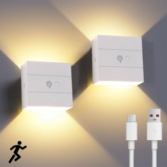 oyajia LED Wandleuchte 2 Stück Kabellose Wandlampe mit Bewegungsmelder, Up and Down Wandlampe, LED fest integriert, Warmweiß, Akku Wandleucht Innen für Kinderzimmer Schlafzimmer Flur