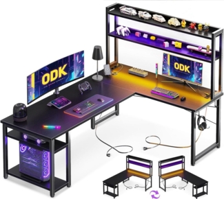 ODK Eckschreibtisch mit Stall, Reversibel Gaming Tish L Form mit LED (1-St)