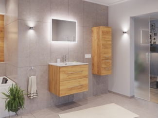 Badmöbel Set Firenze 70 3tlg. LED Spiegel und Seitenschrank eiche gold : Eiche Gold