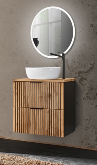 Waschplatz Set mit Waschtisch Unterschrank 60 cm, LED Spiegel rund XANTEN-56 in anthrazit mit Eiche Nb. schwarz gerillt, B/H/T: 60,6/200/46,5 cm