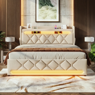 Polsterbett 140x200 cm aus Leinen mit Stauraum, 360°-LED und USB-/Type-C-Anschlüssen