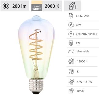 Eglo 110209 LED Filament Leuchtmittel E27 1X4W Decorative Spirale irisierend L:14. 2cm Ø:6. 4cm 2000K 200lm dimmbar