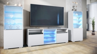 Vladon Wohnwand Granada, (Anbauwand, bestehend aus 2 Vitrinen, 1 TV-Board und LED-Beleuchtung), Weiß matt/Weiß matt (286 x 122,5 x 35 cm)