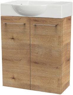 FACKELMANN SBC MILANO Gäste WC Waschtisch Set 55 cm breit, Braun hell, Waschbecken Keramik Weiß, Hahnloch links