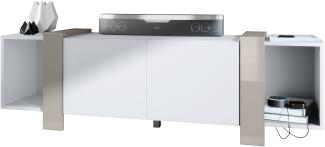 Vladon Lowboard Ida 149 x 45,5 x 34 cm TV-Board mit 4 Fächern und PTO-Türen, Korpus in Weiß matt, Blenden in Sandgrau Hochglanz