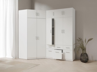 Vente-unique - Eckkleiderschrank mit 5 Türen & 6 Schubladen + Aufsatz - 254 cm - Weiß - BELOMY
