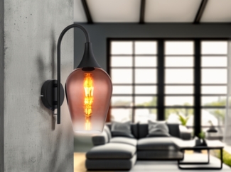 Wandleuchte, Glas kupfer klar, schwarz, Schalter, H 36 cm