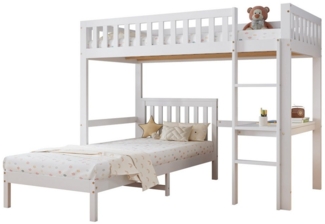 MODFU Etagenbett Kinderbett Funktionsbett Stauraumbett Einzelbett Jugendbett (mit dreistufiger Leiter, Stabile Lattenroste, Design des Sicherheitszauns, mit Schreibtisch, Rahmen aus Kiefer, 90x200 cm), ohne Matratze