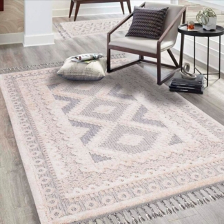 Carpet City Teppich Valencia 730, rechteckig, Höhe: 20 mm, Vintage-Optik, 3D-Effekt, mit Fransen, Sisal