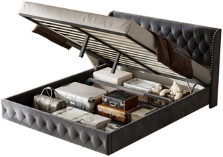 FUROKOY Polsterbett Doppelbett Hydraulisch Stauraumbett mit Bettkasten und Lattenrost (Bettgestell, 1-tlg), 180x200 cm,Mit Stauraum,Samtmaterial,Nietenwellenmuster,Dunkelgrau