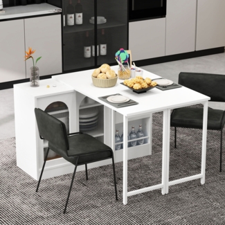 Bartisch, Moderner ausziehbarer 360° drehbarer Bartisch mit Stauraum reversibel Tisch Sideboard Bar mit Glasschranktür für Küche Kaffeebar Möbel, Holz+Glas, Weiß