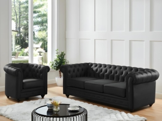 Vente-unique - Ledersofa 3-Sitzer + Ledersessel - Büffelleder - Schwarz - CHESTERFIELD