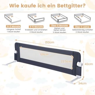 Klappbares Bettgitter mit Verstellbarer & EIN-klick-Faltung Gurte Bettschutzgitter 150 x 42cm Grau