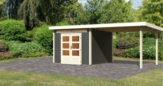 Karibu Woodfeeling Gartenhaus Kandern mit Anbaudach 3 m Breite Gartenhaus aus Holz in Grau Holzhaus mit 28 mm Wandstärke inklusive Schleppdach Blockbohlenhaus mit Montagematerial
