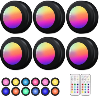 OYLCDI Unterschrankleuchte 3/6/9/12 Stück Batteriebetrieben LED RGB Spots mit Fernbedienung, 13 Farbwechsel Kabellos Vitrinenbeleuchtung, Küche LED Lampe zum Kleben Schranklicht, Dimmbar Unterbauleuchte, Nachtlicht mit Fernbedienung und Timing-Funktion