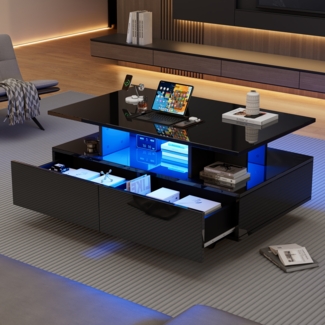 Couchtisch mit LED-Beleuchtung, 2 geräumige Schubladen, kompakte Maße 90 x 55 x 41 cm, stabil bis 30 kg