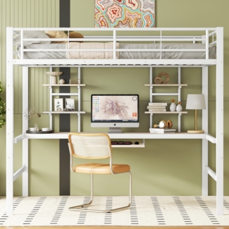 Hochbett 140x200 cm, Metallgestell mit Schreibtisch und Regalen, Rausfallschutz, Weiß