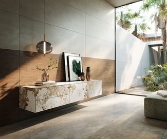 Lowboard Cuor 180 cm Keramik Minas Melange Weiß-Beige 1 Klappe 2 Schubfächer Schwebend