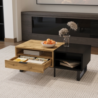 Merax Couchtisch, Wohnzimmertisch mit Farbblockstruktur, mit Fächern und Schubladen, Metallbeine, Holz & Schwarz