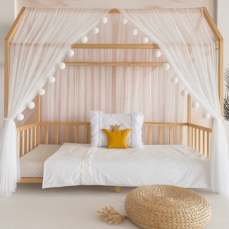 Baby Fancyroom Betthimmel Betthimmel Tüll Hausbett Kinderbett 2 Stück 340cm 380cm Montessori (3-tlg. Set mit 2x Betthimmel und einer 20er Pomponkette, Baldachin, Kinder Betthimmel Baldachin Himmel Deko Set), Betthimmel für Hausbett Montessori