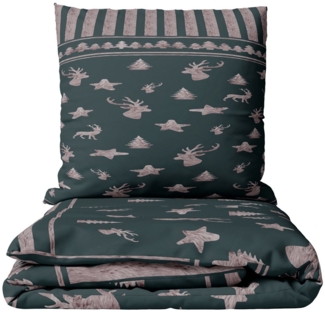 Leonado Vicenti Bettwäsche 135x200 cm winter flauschig warm, Fleece, 2 teilig, Tannenbäume Rehe in Dunkelgrün Grau mit Streifen