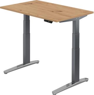 bümö® Sitz- & Stehschreibtisch Serie-XBHM elektrisch höhenverstellbar mit Memoryfunktion, Tischplatte 120 x 80 cm in Asteiche, Gestell in graphit / aluminium poliert