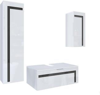 Badmöbel Komplettset Aloha V2, Korpus in Weiß matt / Fronten in Weiß Hochglanz mit Absetzungen in Schwarz Hochglanz