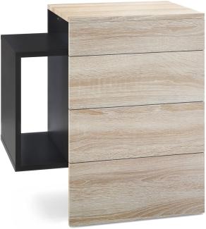 Vladon Nachttisch Queens, Nachttischschrank mit 2 Schubladen und 1 seitlichem Fach zur Wandmontage, Schwarz matt/Eiche Sägegrau (60 x 63 x 36 cm)