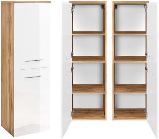 Badezimmer Midischrank 2-trg FLORIDO-03-OAK weiß Hochglanz mit Wotaneiche, B/H/T: ca. 40/130/35cm