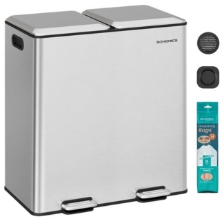 SONGMICS Mülleimer Küche, 2 x 30 L, 2 Fächer, Mülltrennsystem, Softclose, herausnehmbare Inneneimer, Pedalen, Edelstahl, metallicsilber