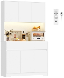 Homfa Küchenbuffet Küchenschrank Buffetschrank mit LED-Beleuchtung mit steckdosen, Arbeitsplatte und verstellbare Ablagen, 100x38,5x180cm