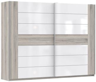 Schwebetürenschrank Rubio 6V Sandeiche weiß Hochglanz 270x210x61 cm ohne Kranz, mit Dämpfungsbeschlägen