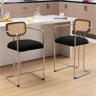 WAHSON OFFICE CHAIRS Barhocker 2er Set Rattan Küchenhocker mit Lehne Sitzfläche aus Teddystoff