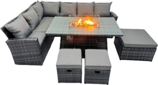 Fimous 9 Sitzer Outdoor Hoher Rücken Rattan Gartenmöbel Esstisch Set mit Hockern Dunkelgrau gemischt Links Hund
