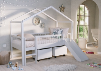 FORREST Buche Spiel-Hausbett 90 x 200 cm, inkl. Lattenrost, Dachaubau, Rutsche und 2 Rollboxen, Ausf. Buche massiv weiß lackiert