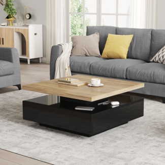 Couchtisch, Spanplatte mit 360° Drehmechanismus, 70 x 70 x 36 cm, Walnuss & Schwarz